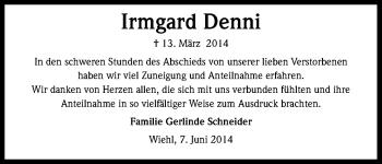 Anzeige von Irmgard Denni von Kölner Stadt-Anzeiger / Kölnische Rundschau / Express