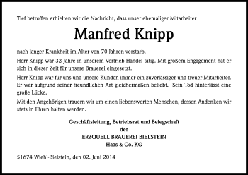 Anzeige von Manfred Knipp von Kölner Stadt-Anzeiger / Kölnische Rundschau / Express