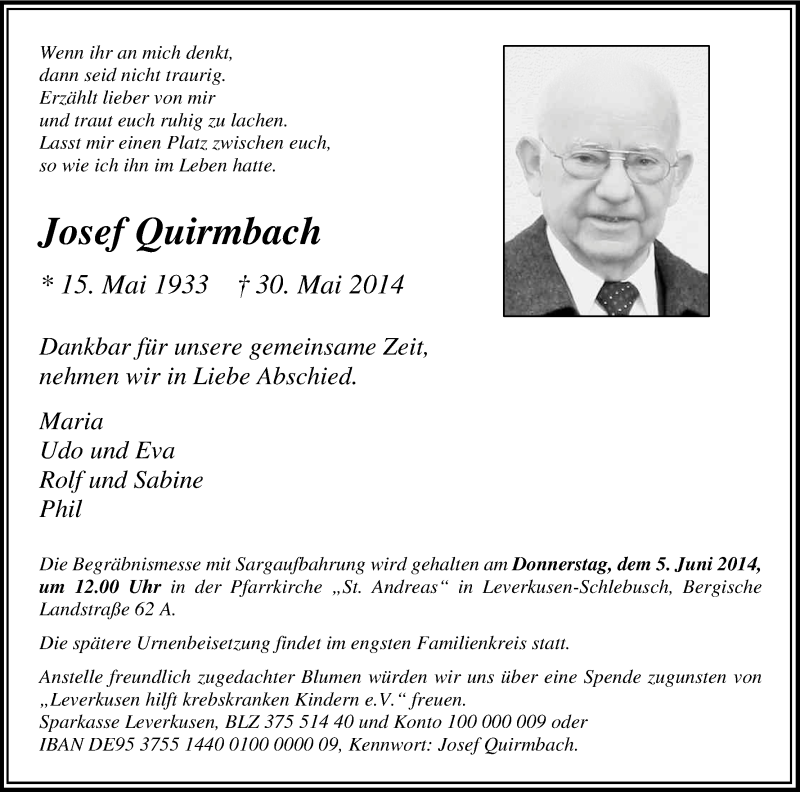  Traueranzeige für Josef Quirmbach vom 03.06.2014 aus Kölner Stadt-Anzeiger / Kölnische Rundschau / Express