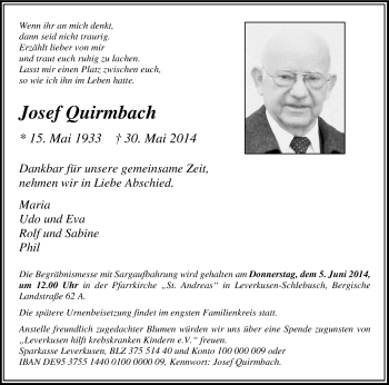 Anzeige von Josef Quirmbach von Kölner Stadt-Anzeiger / Kölnische Rundschau / Express
