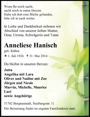Anzeige von Anneliese Hanisch von Kölner Stadt-Anzeiger / Kölnische Rundschau / Express