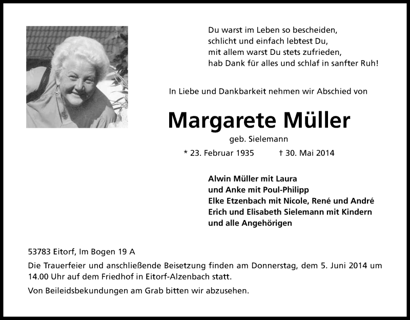  Traueranzeige für Margarete Müller vom 03.06.2014 aus Kölner Stadt-Anzeiger / Kölnische Rundschau / Express