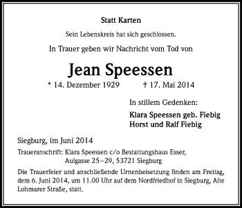 Anzeige von Jean Speessen von Kölner Stadt-Anzeiger / Kölnische Rundschau / Express