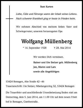 Anzeige von Wolfgang Müllenberg von Kölner Stadt-Anzeiger / Kölnische Rundschau / Express