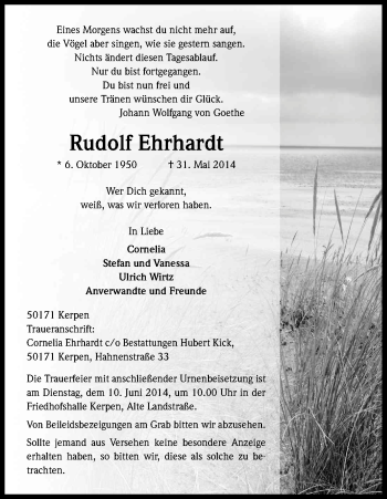 Anzeige von Rudolf Ehrhardt von Kölner Stadt-Anzeiger / Kölnische Rundschau / Express