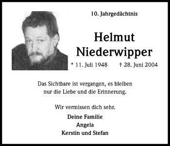 Anzeige von Helmut Niederwipper von Kölner Stadt-Anzeiger / Kölnische Rundschau / Express