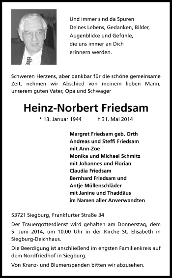 Anzeige von Heinz-Norbert Friedsam von Kölner Stadt-Anzeiger / Kölnische Rundschau / Express