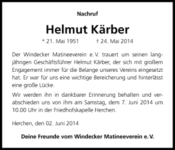 Anzeige von Helmut Kärber von Kölner Stadt-Anzeiger / Kölnische Rundschau / Express