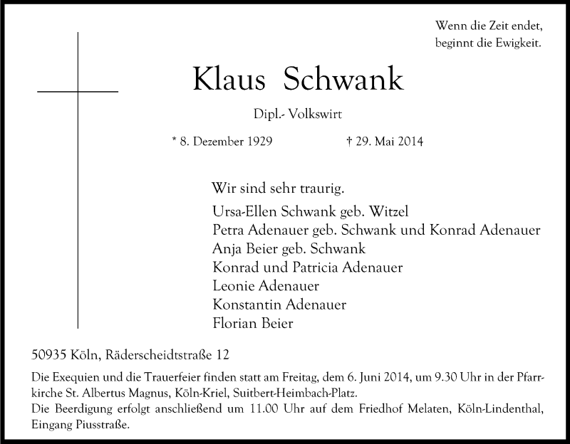  Traueranzeige für Klaus Schwank vom 03.06.2014 aus Kölner Stadt-Anzeiger / Kölnische Rundschau / Express