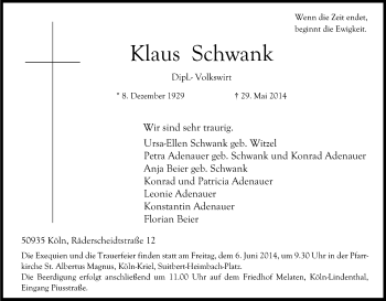 Anzeige von Klaus Schwank von Kölner Stadt-Anzeiger / Kölnische Rundschau / Express