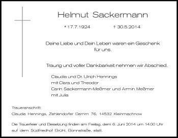 Anzeige von Helmut Sackermann von Kölner Stadt-Anzeiger / Kölnische Rundschau / Express