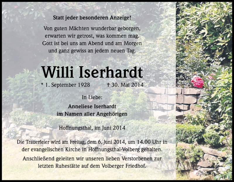  Traueranzeige für Willi Iserhardt vom 03.06.2014 aus Kölner Stadt-Anzeiger / Kölnische Rundschau / Express