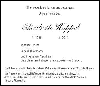 Anzeige von Elisabeth Happel von Kölner Stadt-Anzeiger / Kölnische Rundschau / Express