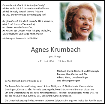 Anzeige von Agnes Krumbach von Kölner Stadt-Anzeiger / Kölnische Rundschau / Express