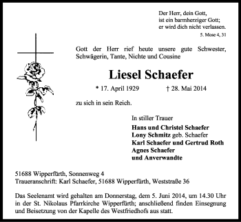 Anzeige von Liesel Schaefer von Kölner Stadt-Anzeiger / Kölnische Rundschau / Express