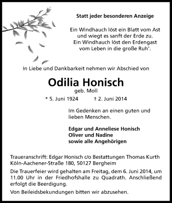 Anzeige von Odilia Honisch von Kölner Stadt-Anzeiger / Kölnische Rundschau / Express