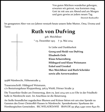 Anzeige von Ruth von Dufving von Kölner Stadt-Anzeiger / Kölnische Rundschau / Express