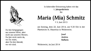Anzeige von Maria Schmitz von Kölner Stadt-Anzeiger / Kölnische Rundschau / Express