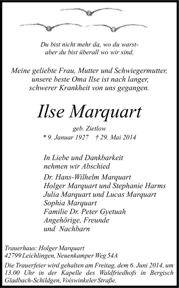 Anzeige von Ilse Marquart von Kölner Stadt-Anzeiger / Kölnische Rundschau / Express