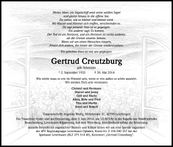 Anzeige von Gertrud Creutzburg von Kölner Stadt-Anzeiger / Kölnische Rundschau / Express