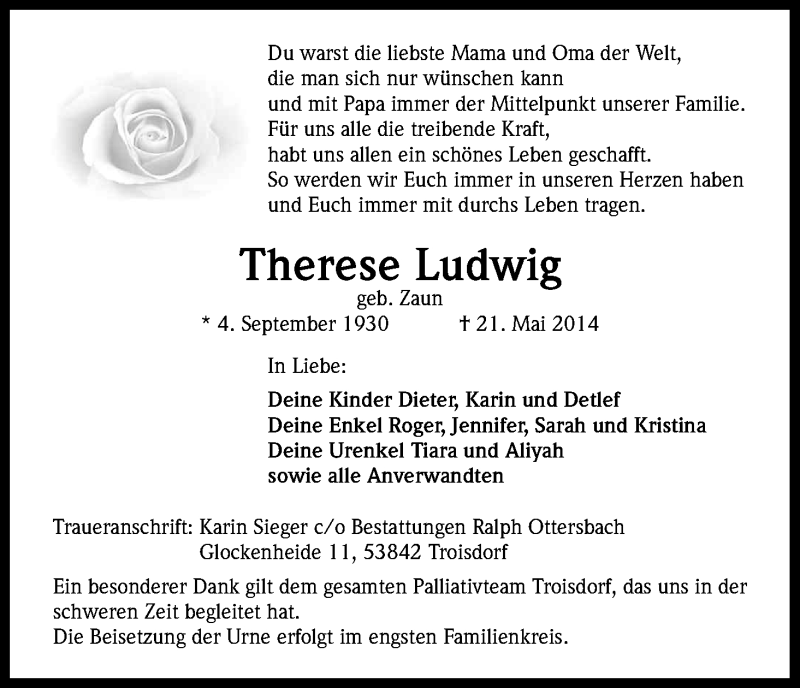  Traueranzeige für Therese Ludwig vom 04.06.2014 aus Kölner Stadt-Anzeiger / Kölnische Rundschau / Express