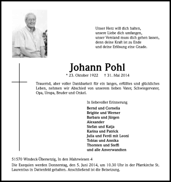 Anzeige von Johann Pohl von Kölner Stadt-Anzeiger / Kölnische Rundschau / Express