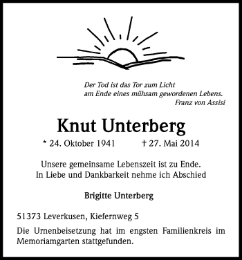Anzeige von Knut Unterberg von Kölner Stadt-Anzeiger / Kölnische Rundschau / Express