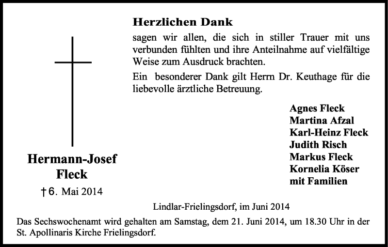  Traueranzeige für Hermann-Josef Fleck vom 07.06.2014 aus Kölner Stadt-Anzeiger / Kölnische Rundschau / Express