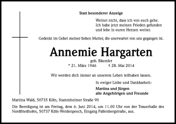 Anzeige von Annemie Hargarten von Kölner Stadt-Anzeiger / Kölnische Rundschau / Express