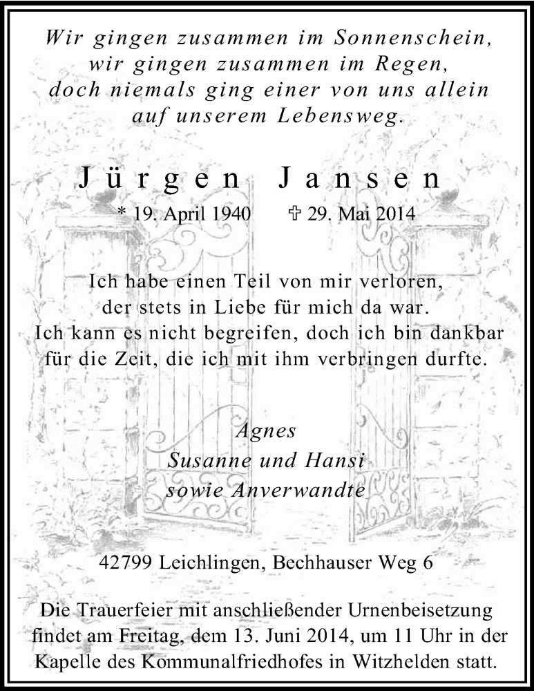  Traueranzeige für Jürgen Jansen vom 07.06.2014 aus Kölner Stadt-Anzeiger / Kölnische Rundschau / Express