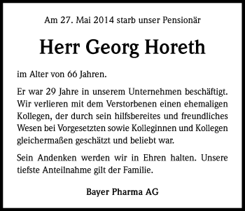 Anzeige von Georg Horeth von Kölner Stadt-Anzeiger / Kölnische Rundschau / Express