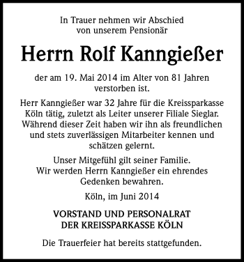 Anzeige von Rolf Kanngießer von Kölner Stadt-Anzeiger / Kölnische Rundschau / Express