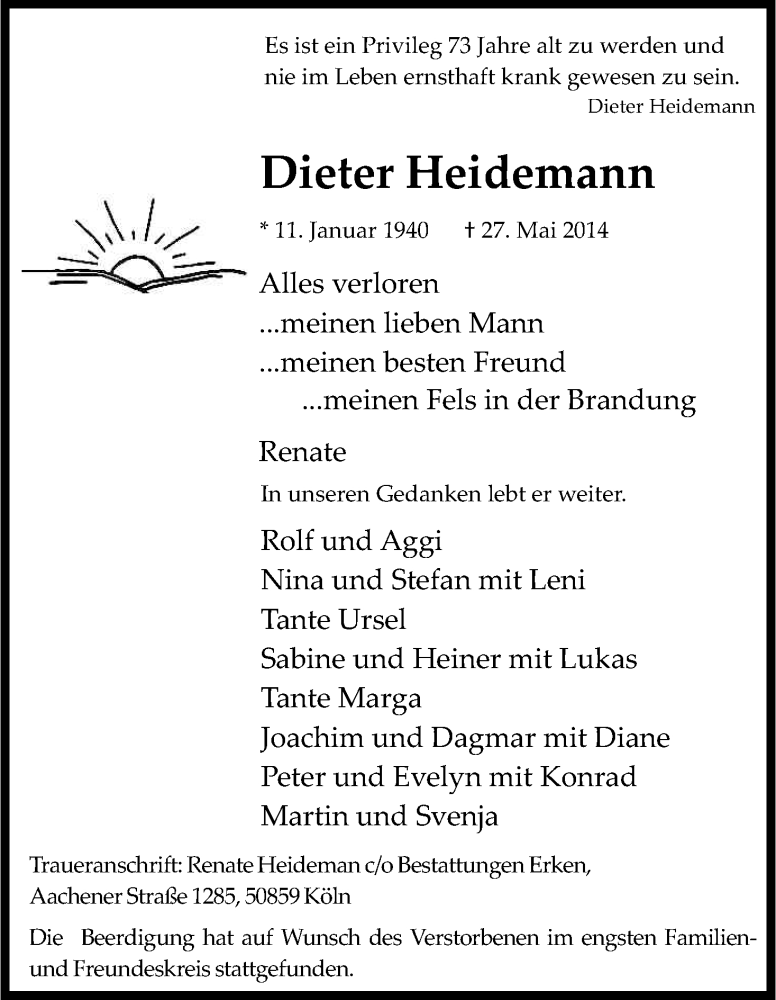  Traueranzeige für Dieter Heidemann vom 07.06.2014 aus Kölner Stadt-Anzeiger / Kölnische Rundschau / Express