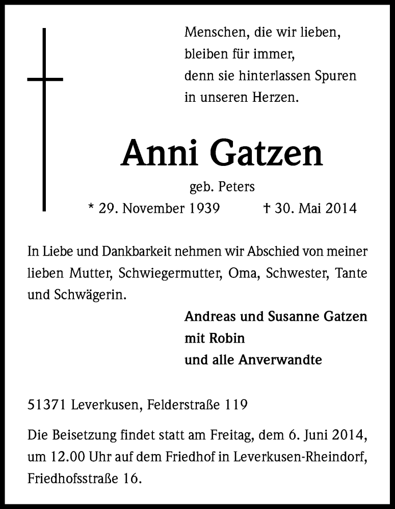  Traueranzeige für Anni Gatzen vom 04.06.2014 aus Kölner Stadt-Anzeiger / Kölnische Rundschau / Express