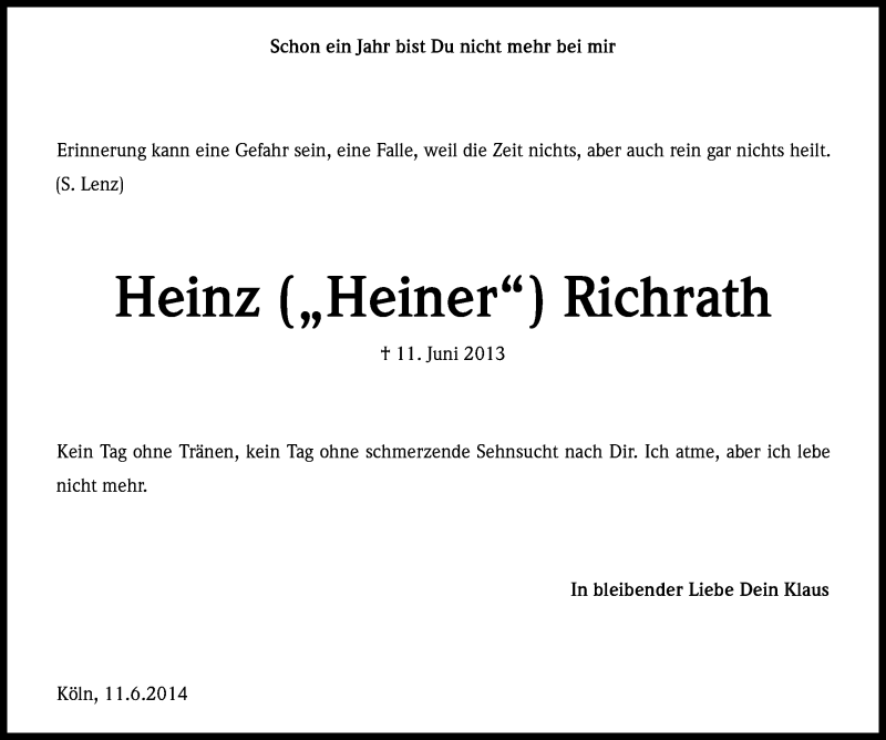  Traueranzeige für Heinz Heiner Richrath vom 11.06.2014 aus Kölner Stadt-Anzeiger / Kölnische Rundschau / Express
