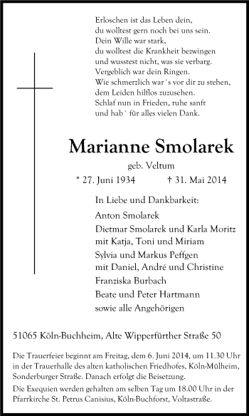 Anzeige von Marianne Smolarek von Kölner Stadt-Anzeiger / Kölnische Rundschau / Express