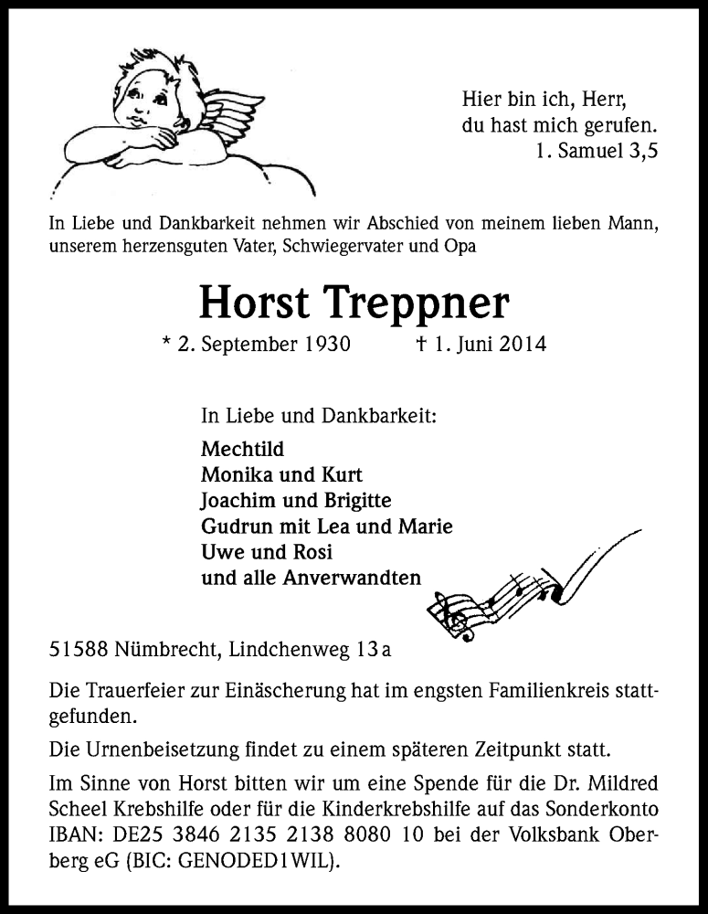  Traueranzeige für Horst Treppner vom 06.06.2014 aus Kölner Stadt-Anzeiger / Kölnische Rundschau / Express