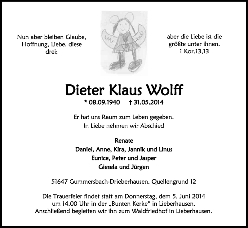  Traueranzeige für Dieter Klaus Wolff vom 04.06.2014 aus Kölner Stadt-Anzeiger / Kölnische Rundschau / Express