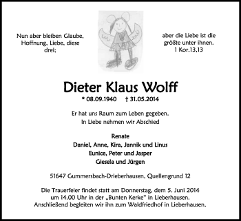 Anzeige von Dieter Klaus Wolff von Kölner Stadt-Anzeiger / Kölnische Rundschau / Express