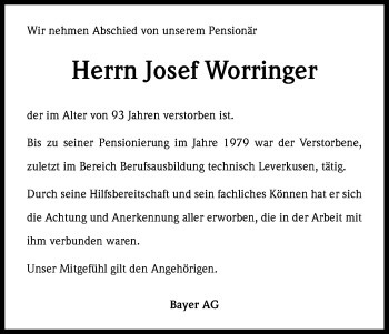 Anzeige von Josef Worringer von Kölner Stadt-Anzeiger / Kölnische Rundschau / Express