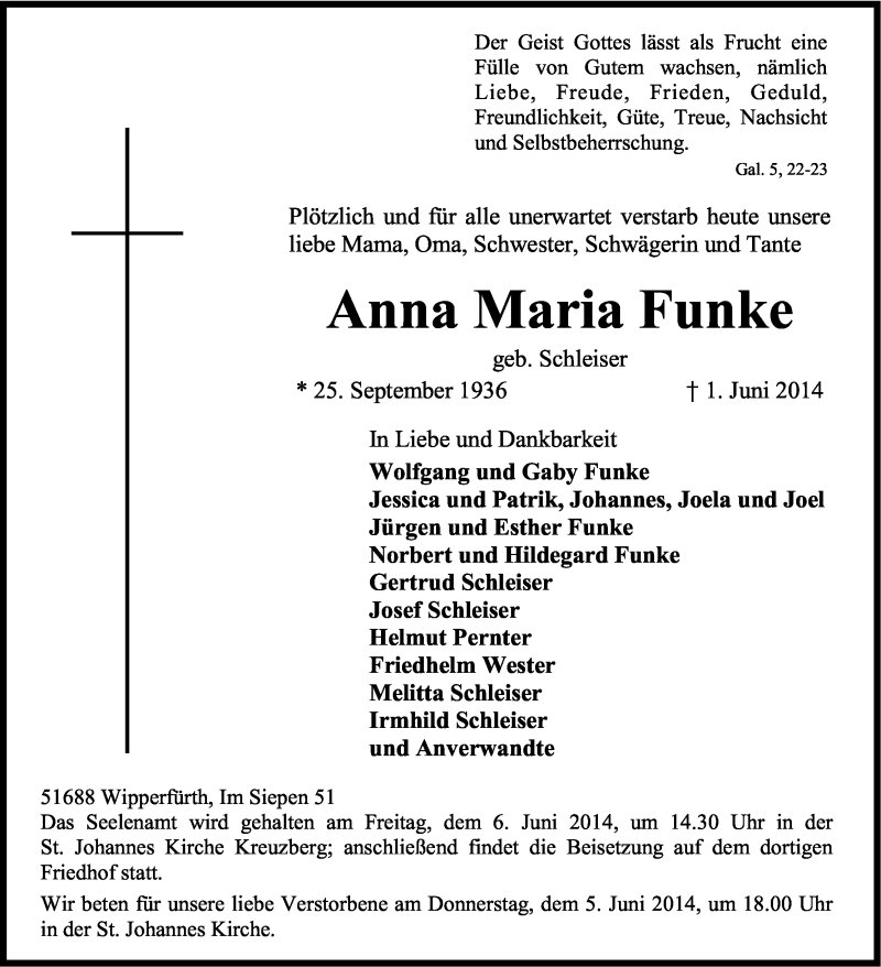  Traueranzeige für Anna Maria Funke vom 04.06.2014 aus Kölner Stadt-Anzeiger / Kölnische Rundschau / Express