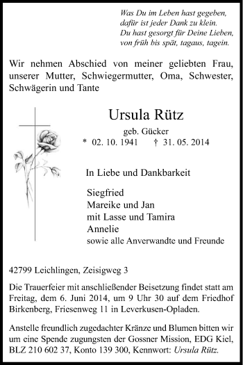 Anzeige von Ursula Rütz von Kölner Stadt-Anzeiger / Kölnische Rundschau / Express