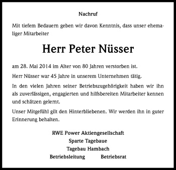 Anzeige von Peter Nüsser von Kölner Stadt-Anzeiger / Kölnische Rundschau / Express