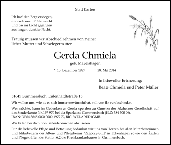 Anzeige von Gerda Chmiela von Kölner Stadt-Anzeiger / Kölnische Rundschau / Express