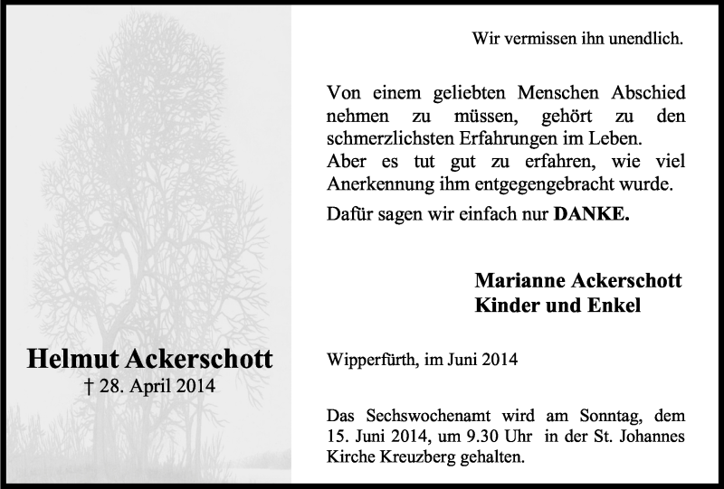  Traueranzeige für Helmut Ackerschott vom 06.06.2014 aus Kölner Stadt-Anzeiger / Kölnische Rundschau / Express
