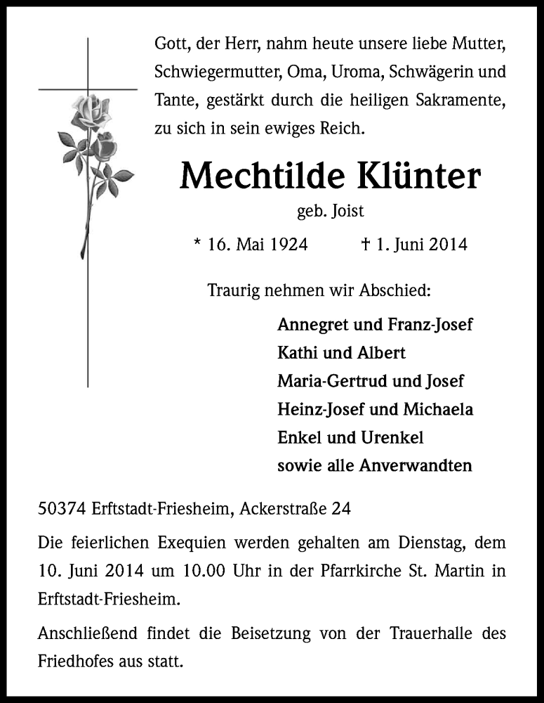  Traueranzeige für Mechtilde Klünter vom 05.06.2014 aus Kölner Stadt-Anzeiger / Kölnische Rundschau / Express