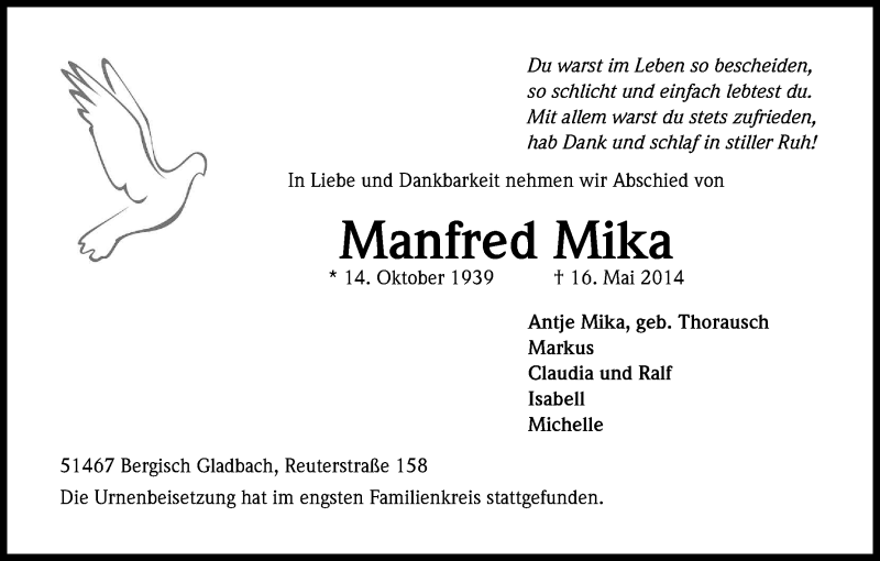  Traueranzeige für Manfred Mika vom 07.06.2014 aus Kölner Stadt-Anzeiger / Kölnische Rundschau / Express