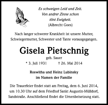Anzeige von Gisela Pietschnig von Kölner Stadt-Anzeiger / Kölnische Rundschau / Express