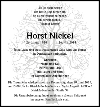 Anzeige von Horst Nickel von Kölner Stadt-Anzeiger / Kölnische Rundschau / Express