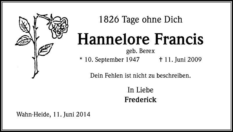 Traueranzeige für Hannelore Francis vom 11.06.2014 aus Kölner Stadt-Anzeiger / Kölnische Rundschau / Express